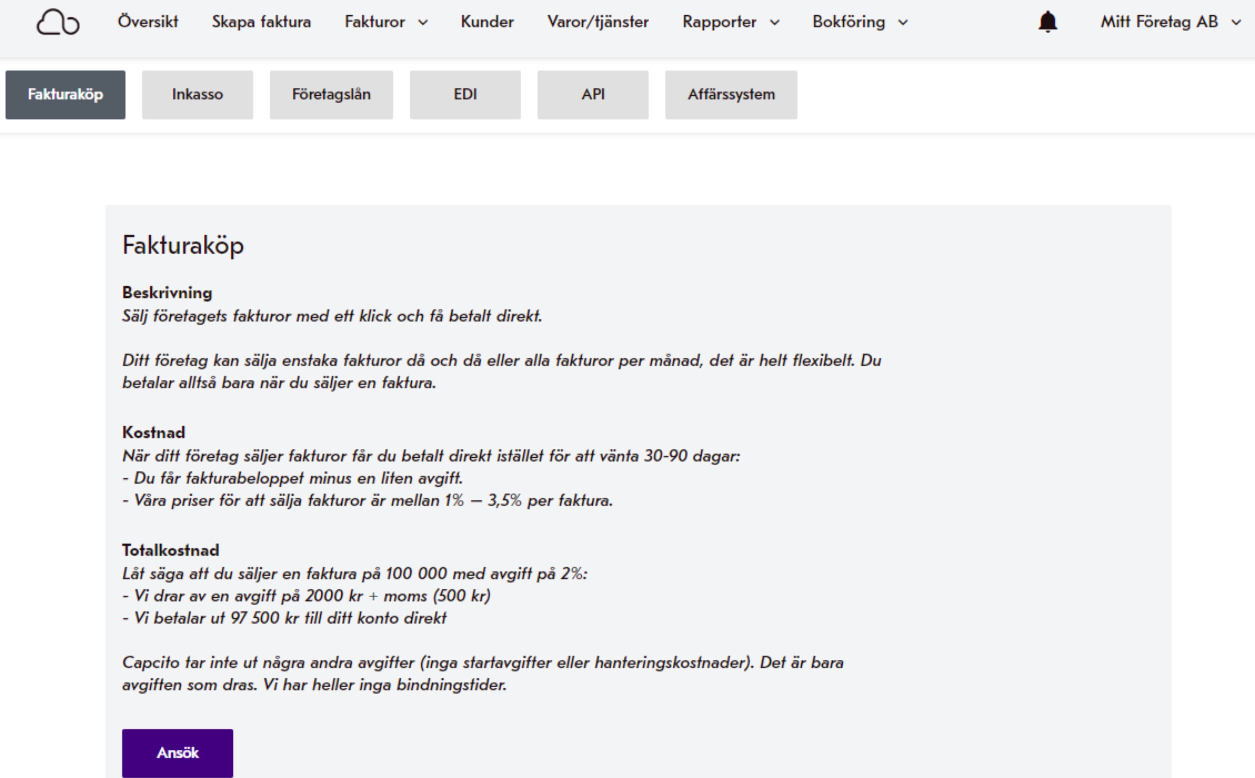 Screenshot fakturaköpsansökan Billogram